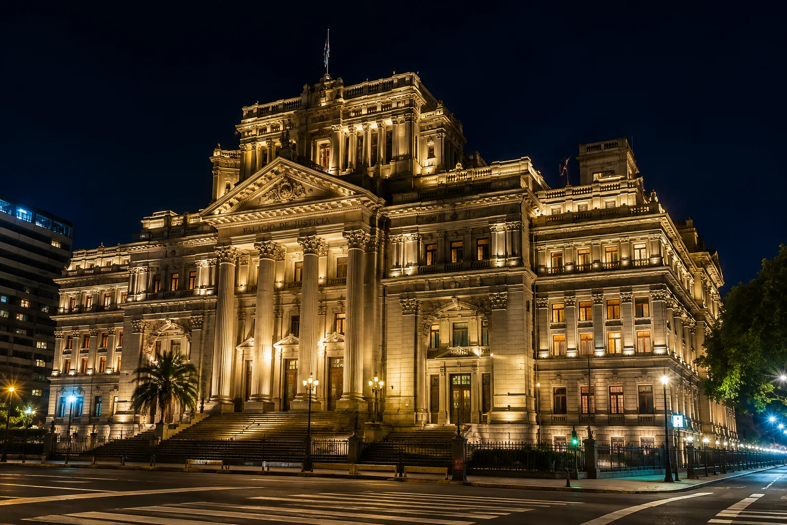 Fachada del Palacio de Justicia iluminada de noche, sede donde tramitan las acciones de amparo